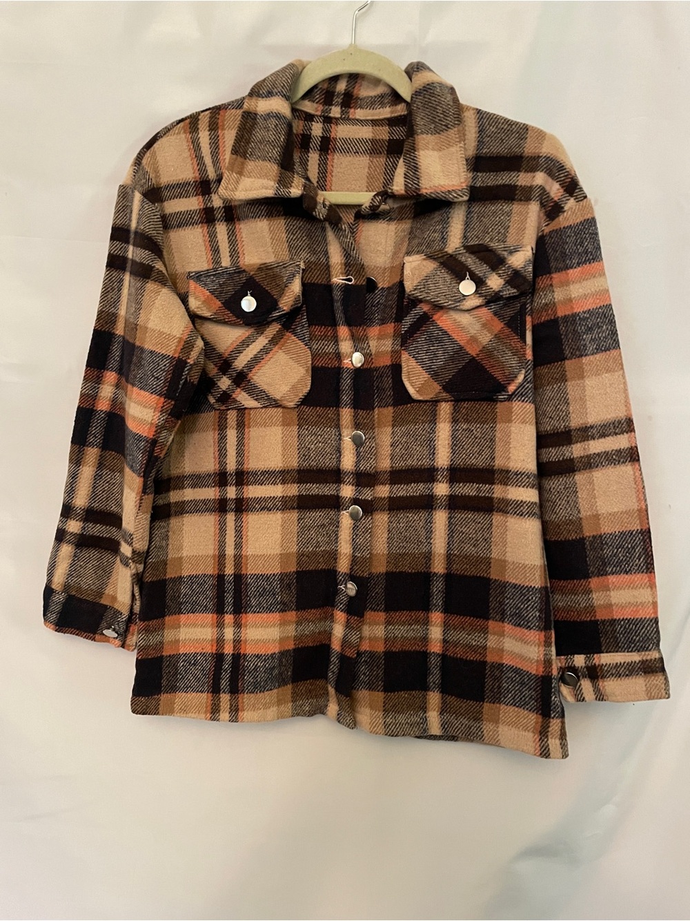 Cozy Plaid Button Front Shacket in Beige Black Rust jacket no brand